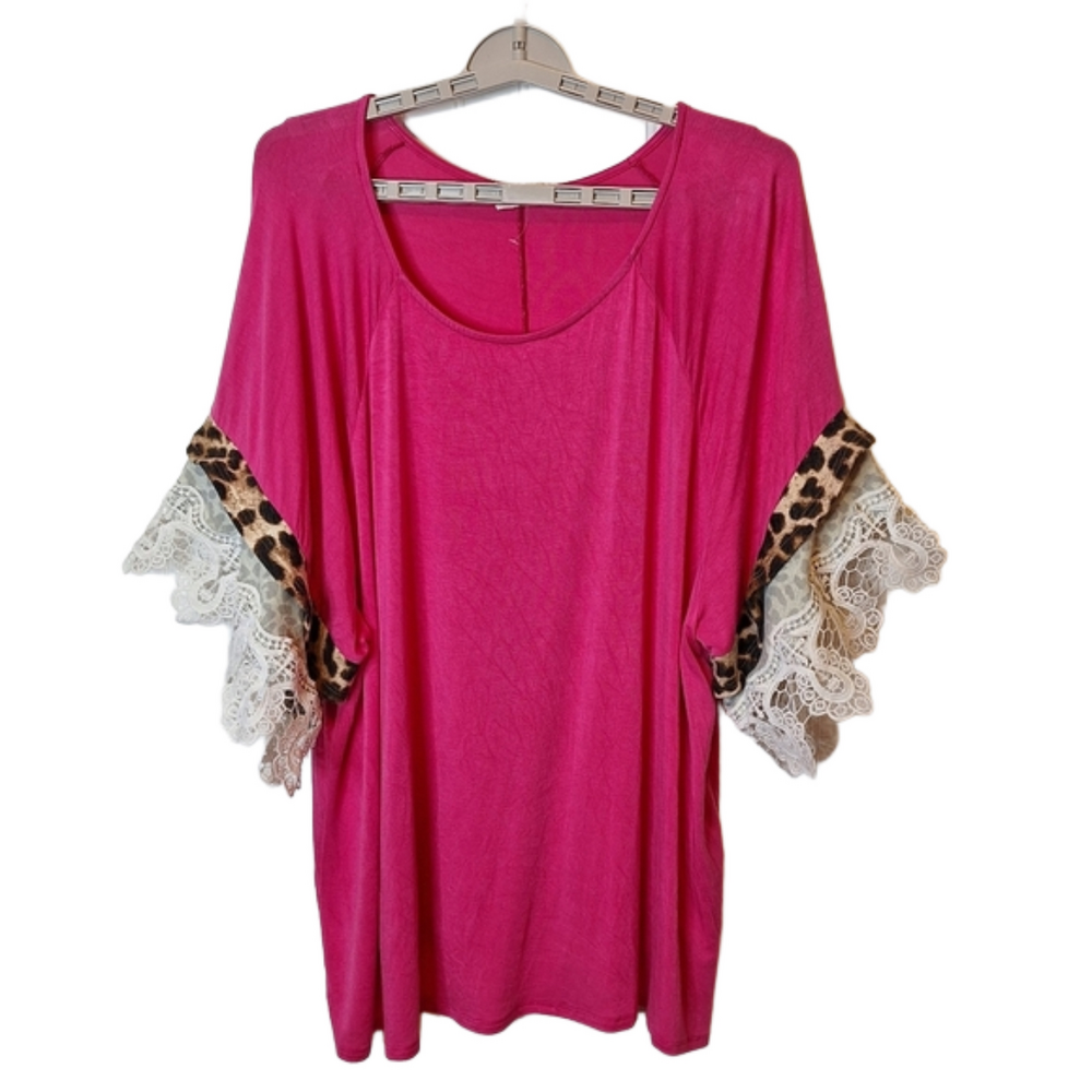 143 Story By Line Up Womens Sz 3XL Pull On Top Pink Cheetah Lace Layered Sleeve